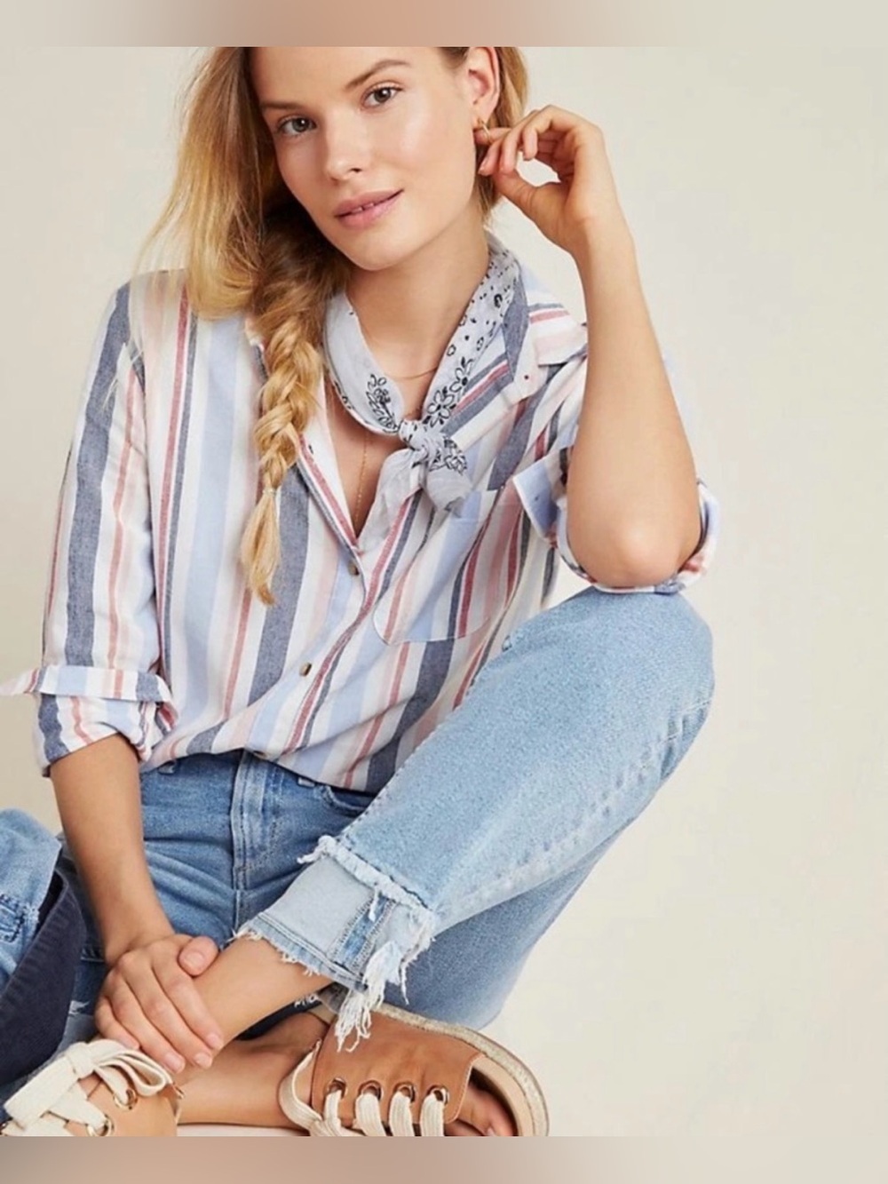Anthropologie Maeve Striped Button-Up in Blue, Pink,White Large Cotton Linen Mix - Picture 3 of 8